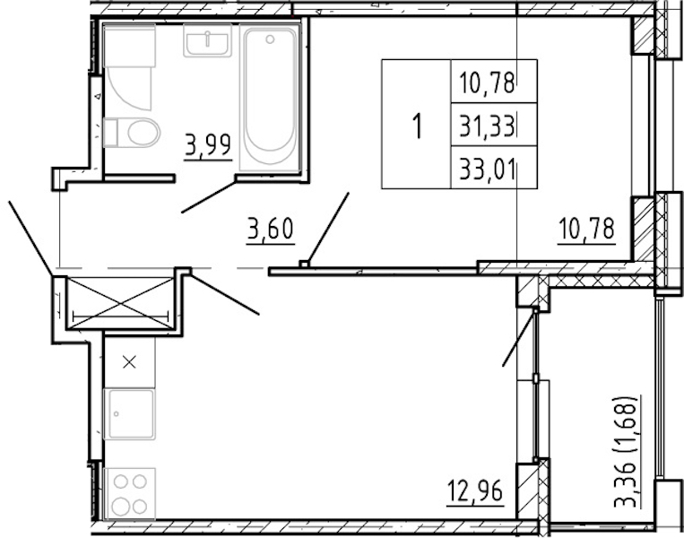 1-комнатная квартира 31.33 м², 2/12 эт., ЖК «Полис Новоселье»